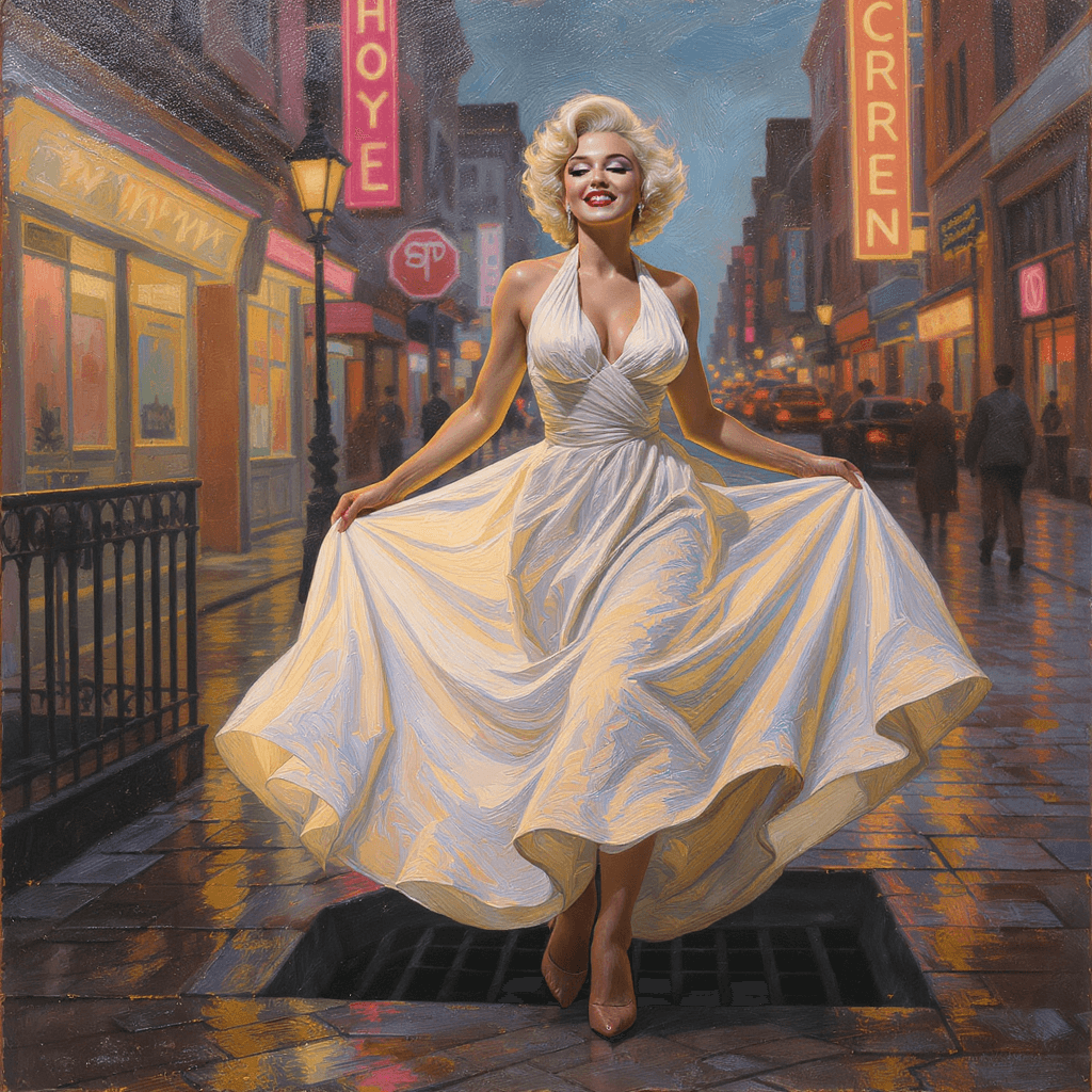 AI generated: A woman reminiscent of Marilyn Monroe stands above a subway grate, wearing a vintage white halter dr...