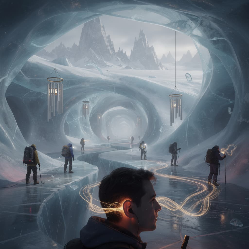 AI generated: Multiple connecting tunnels in antartica bellow thin ice,multiple people moving around the tunnels,T...