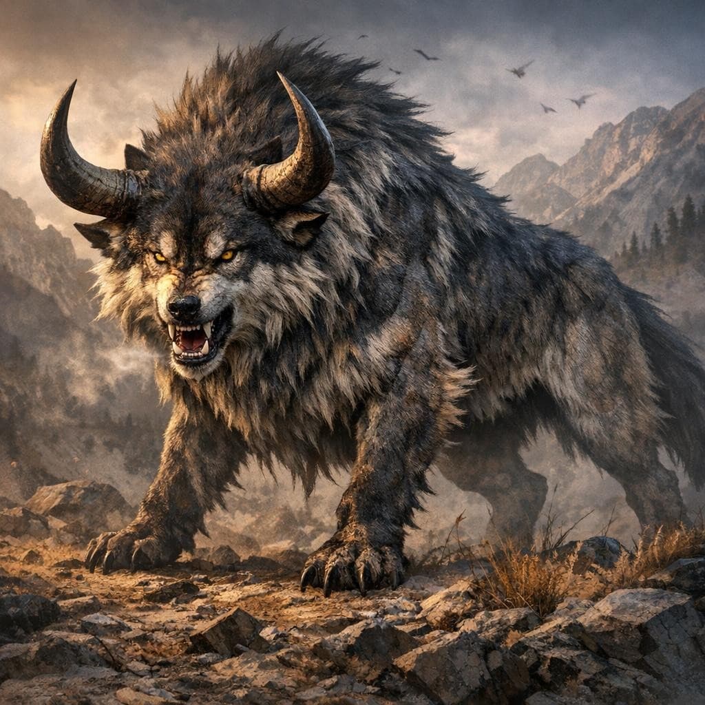 AI generated: create a new creature that is a mix of a bull and Wolf