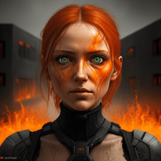 AI generated: the face of woman with beautiful orange eyes, in fire, in the style of dystopian realism, realistic ...