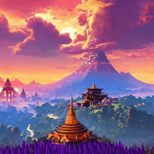 AI generated: An ornate buddhist temple rising up out of the mountains, purple light, Beautiful landscape, Lush Fo...