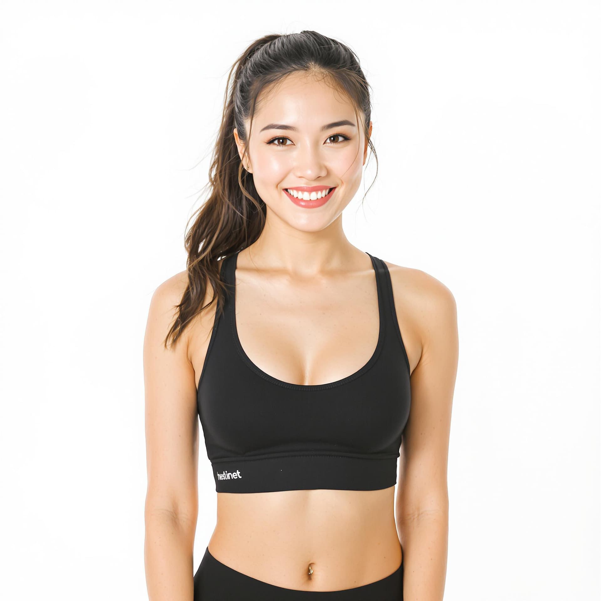 AI generated: a professional photograph of a beautiful asian woman in a black sports bra and matching black shorts...