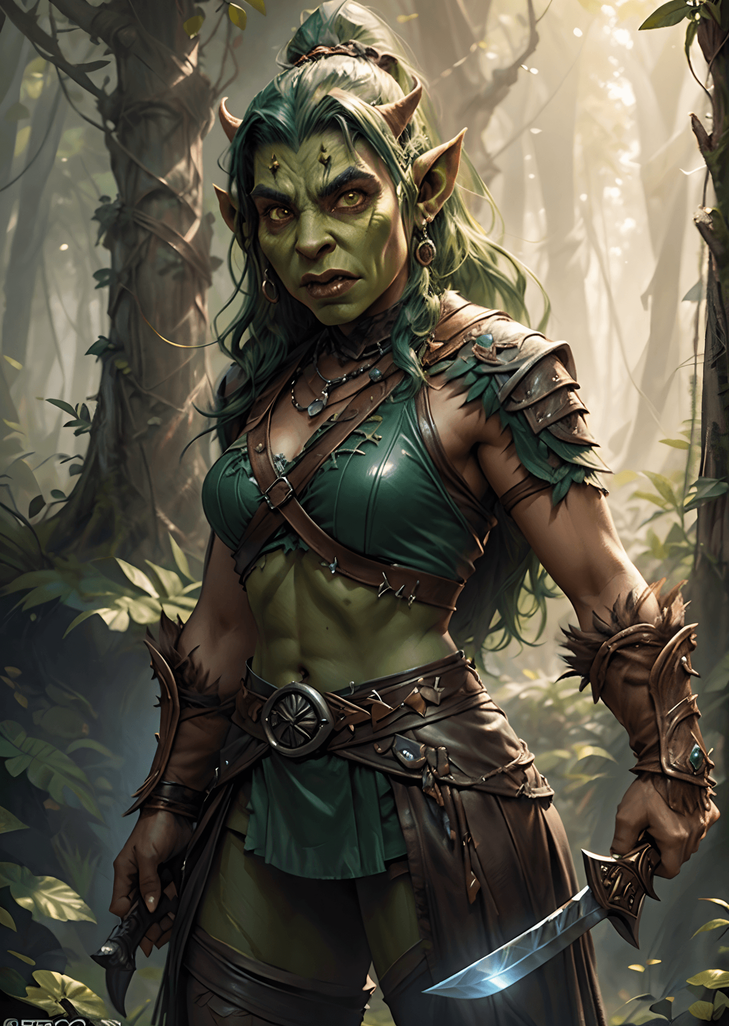 AI generated: masterpiece, concept art, highly detailed, (A closeup of a woman in a leather outfit with a sword), ...
