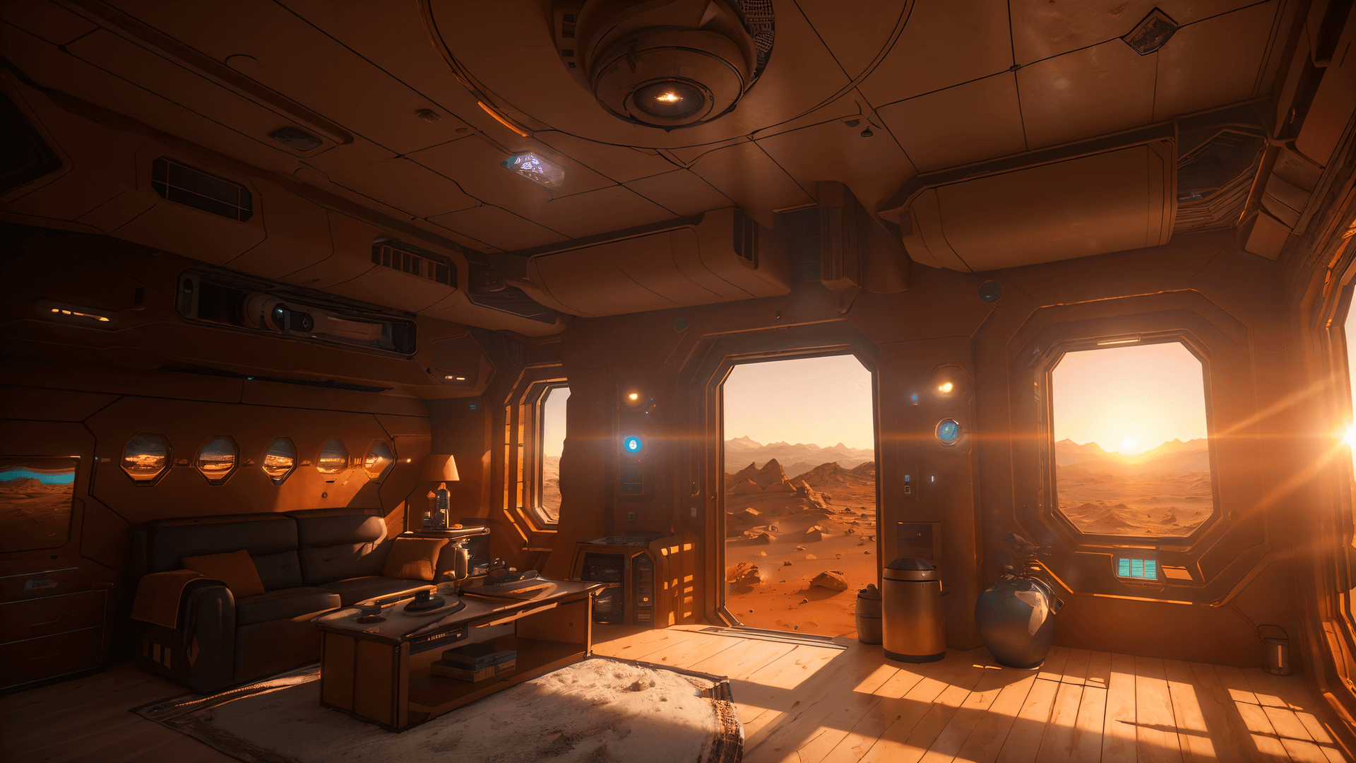 AI generated: (masterpiece , award winning , highest quality:1.2), A cozy research base camp interior on (Mars), (...