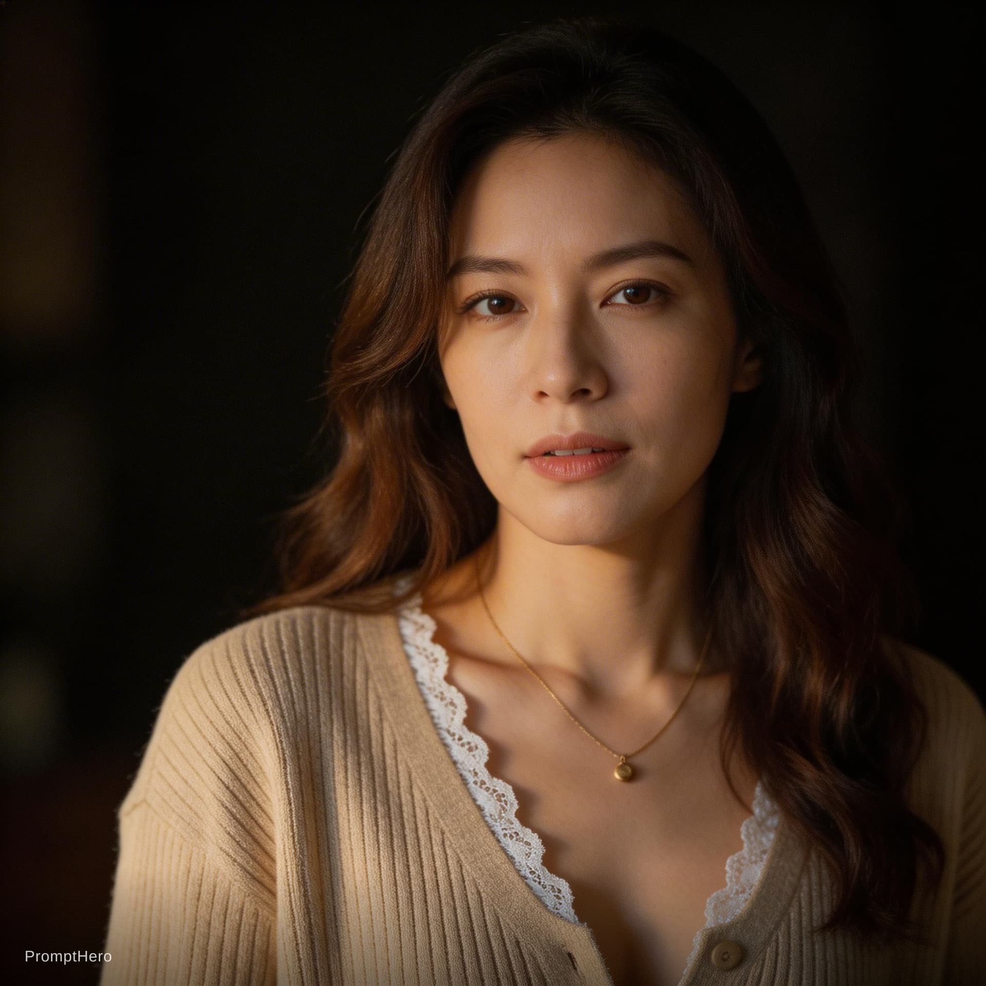 AI generated: A photorealistic close-up portrait of an adult woman in a dimly lit, moody studio setting, captured ...