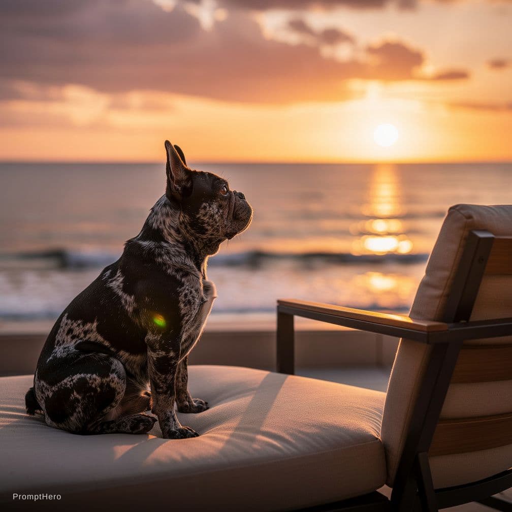 AI generated: bulldog frances black merlé, sobre un sillon en una terraza mirando fijamente hacia el oceano en el ...