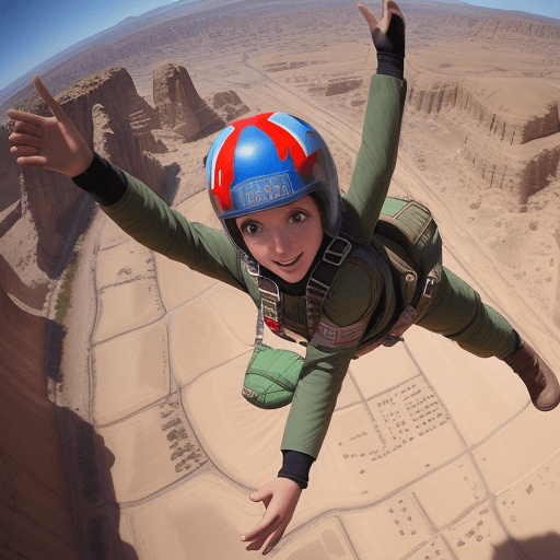 AI generated: PARACHUTE JUMPER PLAYING WITH EGLES OVER THE CITY OF PETRA CONTRE PLONGEE SCENE