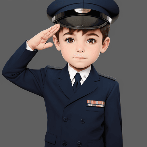 AI generated: Drawing of a 5 year old boy standing, in a navy uniform, saluting