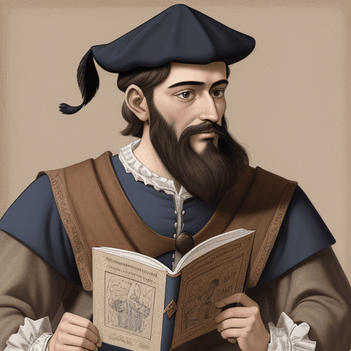 AI generated: Drawing for children's comic of a thin, bearded, 16th century Spanish man with a scholar's cap and r...