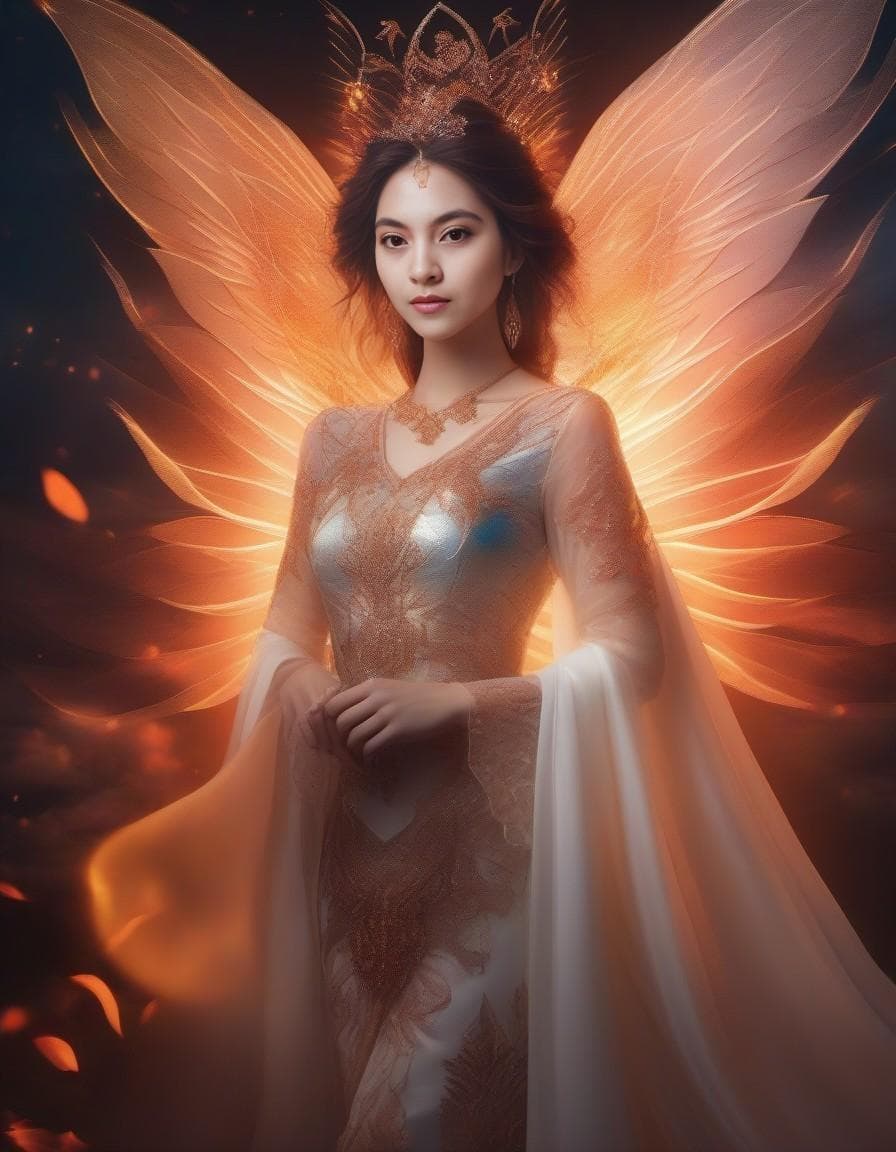 AI generated: A fairy queen of darkness, elegant, with wings that seem made of fire. Pearly silk clothing, with de...