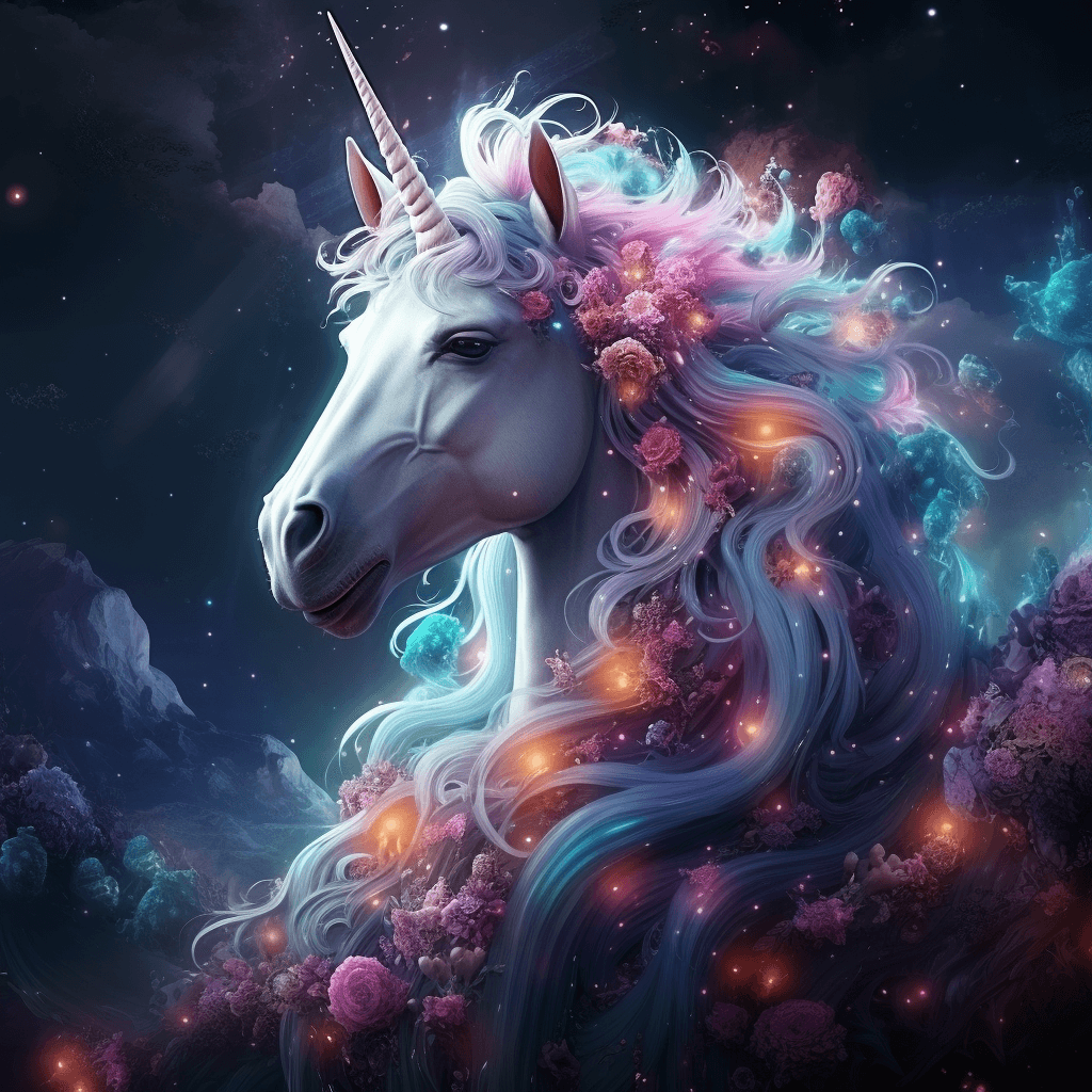 AI generated: Unicorn, it is surrounded by space and the Milky Way, multicolored horn, milky white, baby pink, spa...
