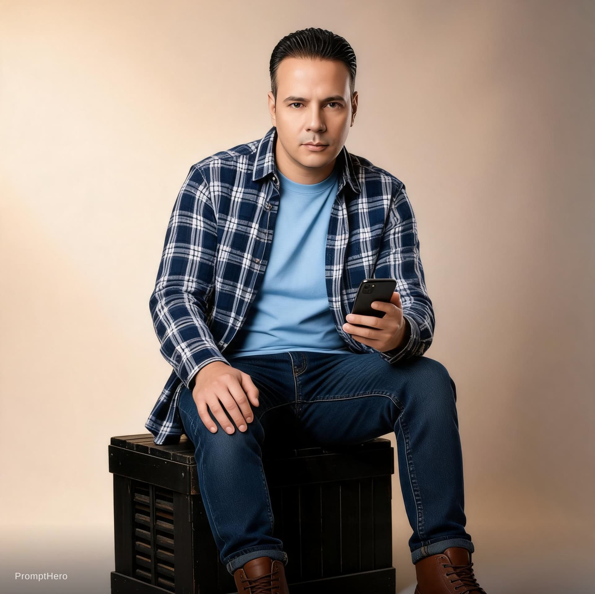 AI generated: 

A full  portrait shot captures a man with a stylish haircut, wearing a light blue t-shirt, a  dark...