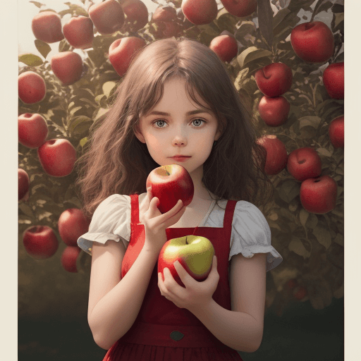 AI generated: a girl holds an apple. the apple is red in color. the girl says it is good. cinematic. 8k. the backg...