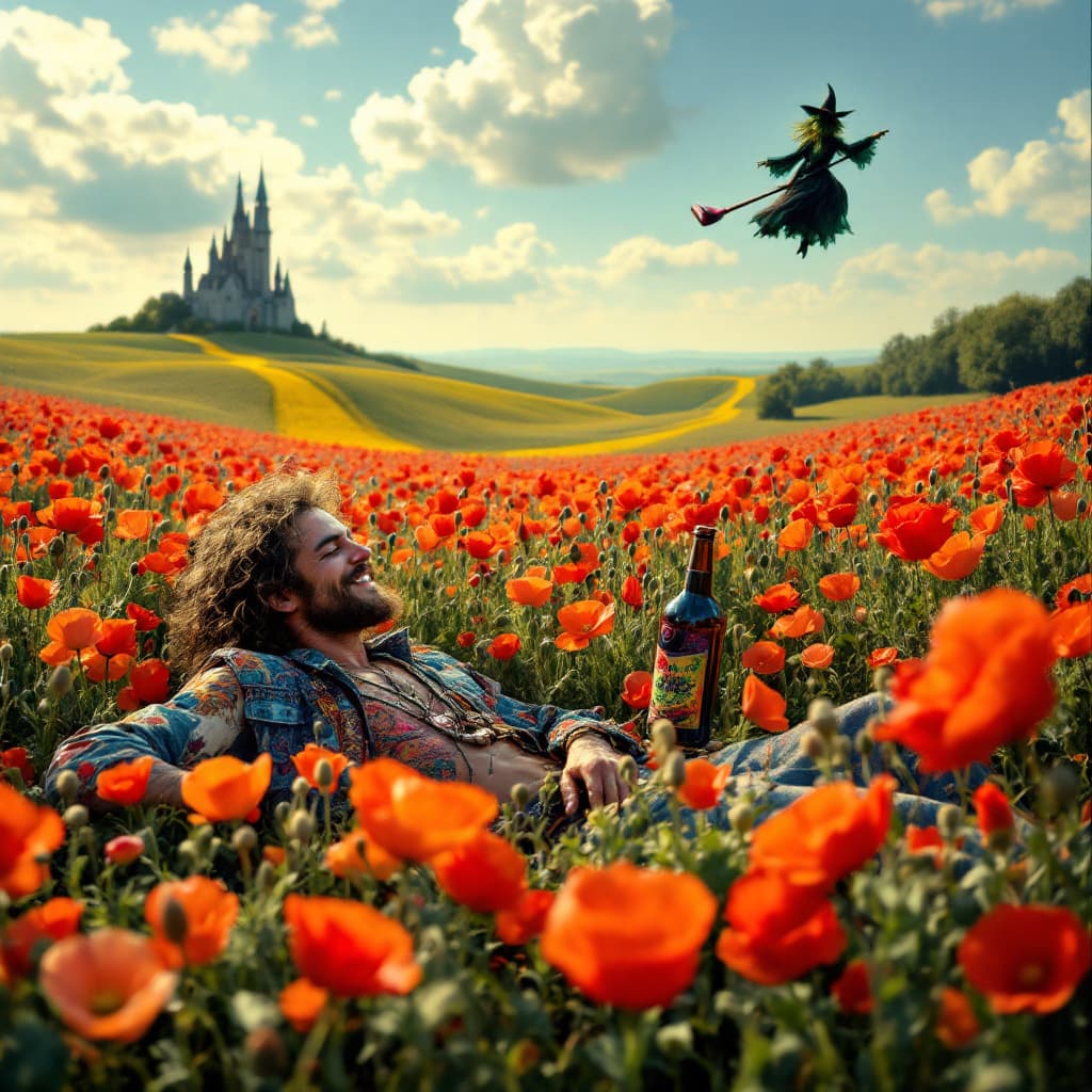AI generated: a totally wasted  hippie with a dopey grin partly closed eyes is  in a field of poppies laying prone...