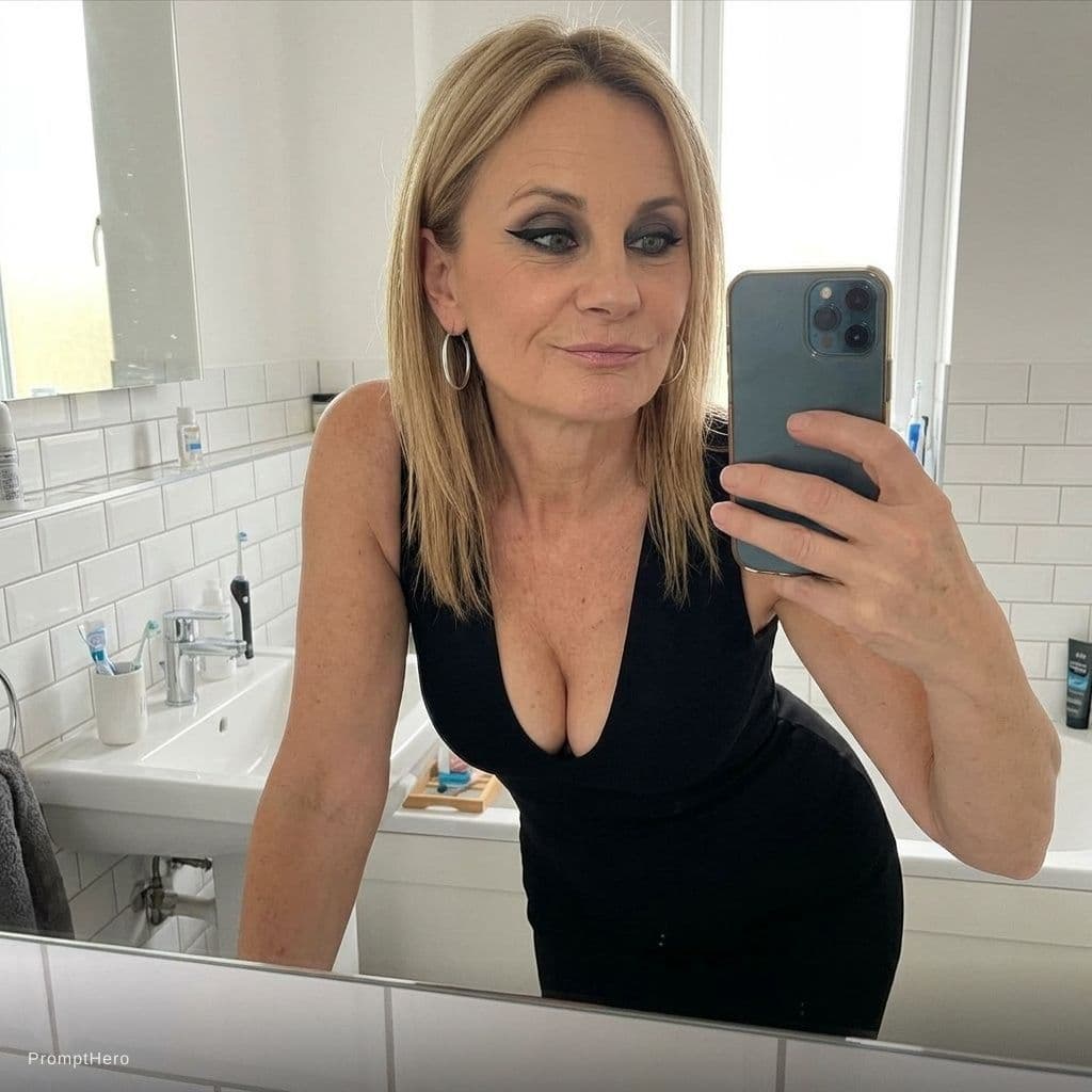 AI generated: looking at me. Taking a bathroom mirror selfie, wearing same (cleavage) bodycon dress leaning forwar...