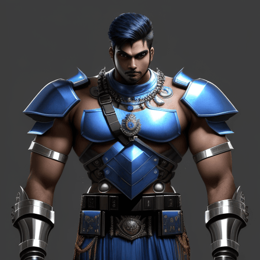 AI generated:  indian male age 26, broad shouldered, very muscular, 2 meters tall , chrome metal  robot arms,  blu...