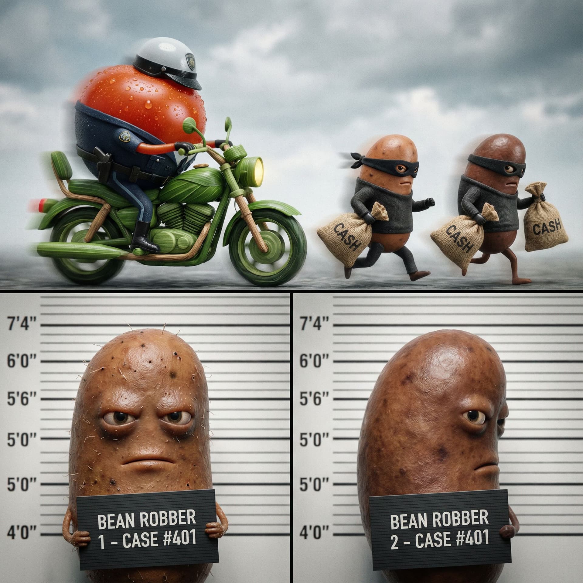 AI generated: Top (largest section): an ultra-photorealistic, cinematic shot of a police chase. A hyper-real tomat...