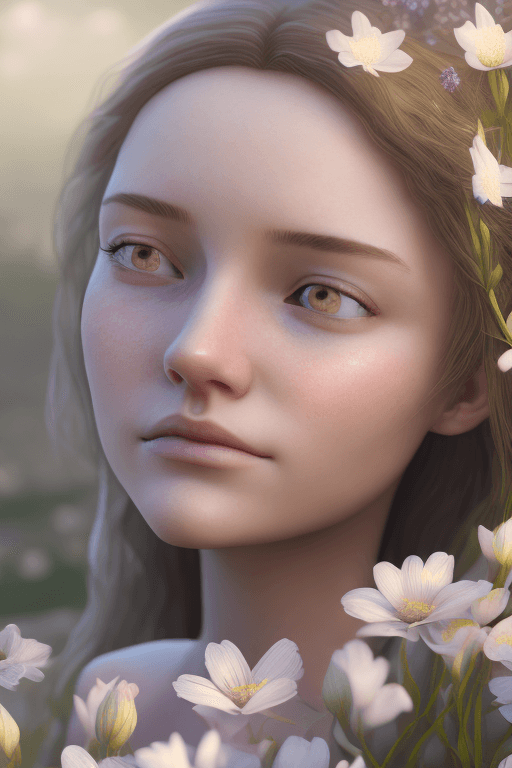 AI generated: closeup portrait of 1 pure young girl, standing by a river in the spring season with flowers, pale k...