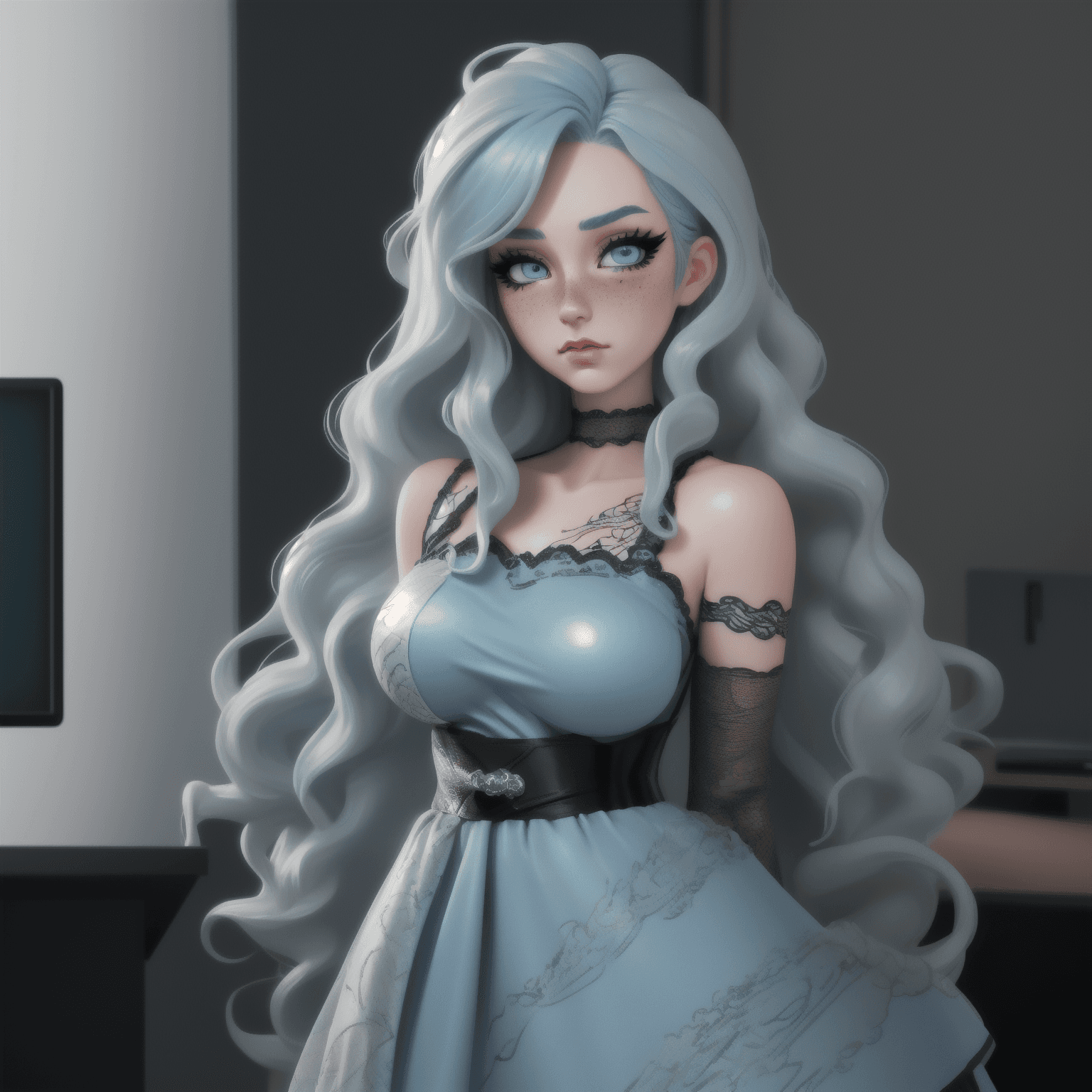 AI generated: 1girl, very long hair, wavy hair, black strand in hair, big breasts, small waist, lightblue hair, sh...