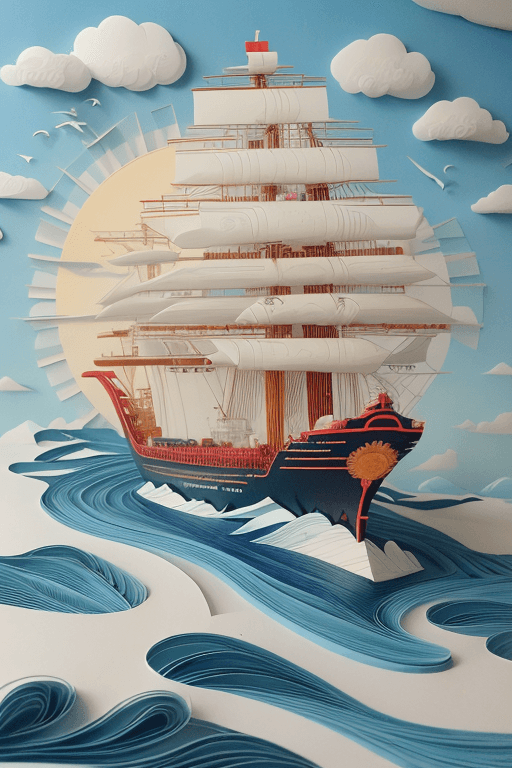 AI generated: Paper quilling, paper cut art, paper illustration, Chinese super ship in big wave, full sun filled w...