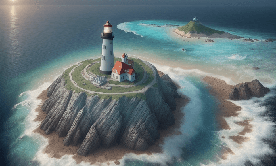 AI generated: a lighthouse sitting on a small island in the ocean, in the style of photorealistic fantasies, cryen...