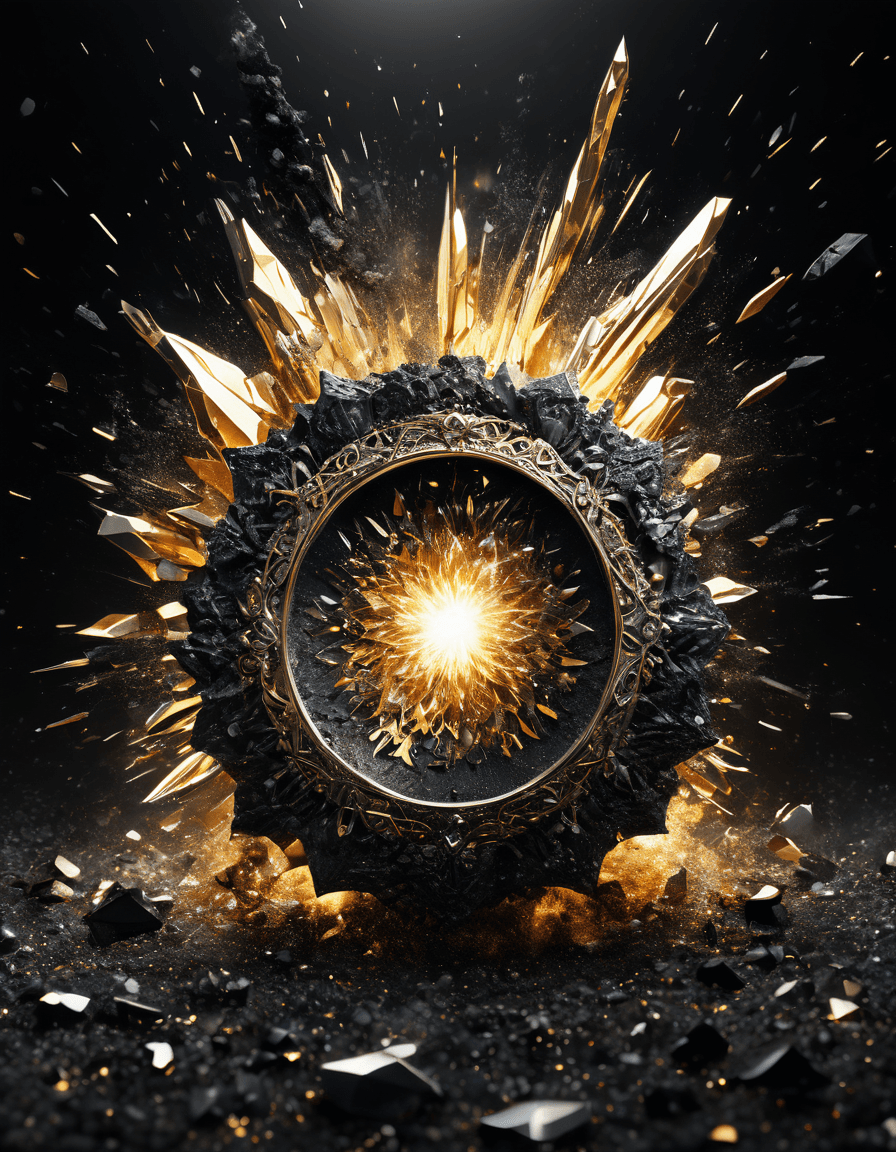 AI generated: commercial photography, powerful explosion of black dust, crystals, black & gold, ring of soul, whit...