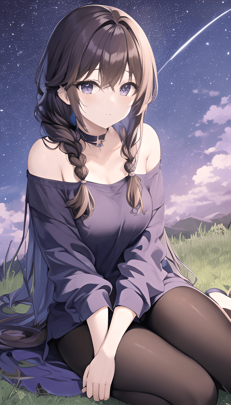 AI generated: An anime girl watching the stars, star-gazing, counting stars, sitting in grass, (night sky with sta...