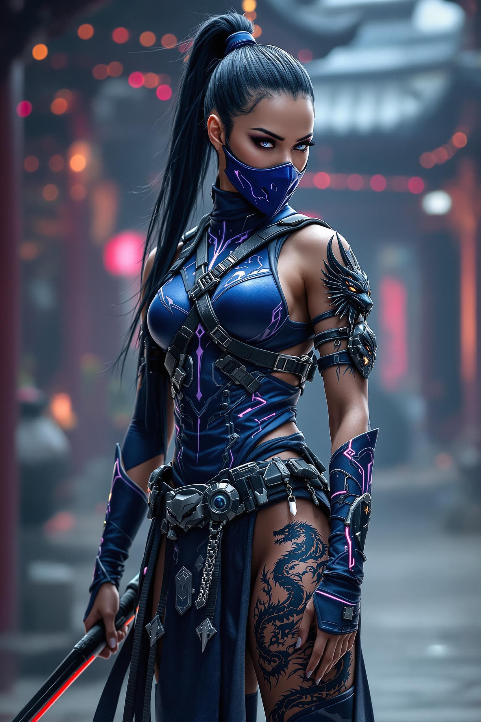 AI generated: A stunning Kitana warrior from Mortal Kombat, wearing a cyberpunk-inspired outfit in deep blue with ...
