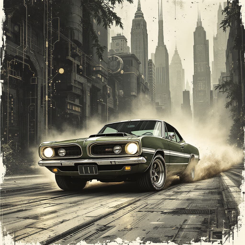 AI generated: 1968 Fastback Plymouth Barracuda in Dark Green with white racing stripes on the BOTTOM of doors, cap...