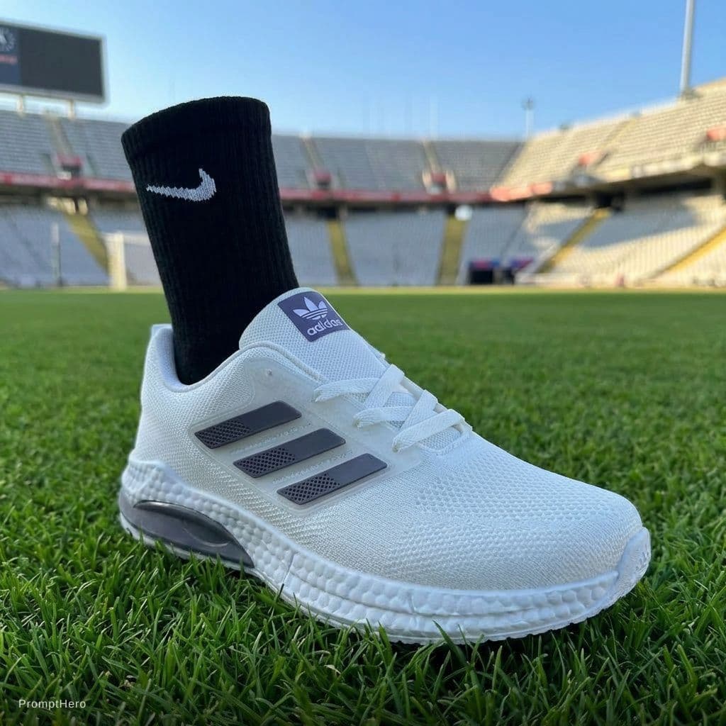 AI generated: Change sock to be black nike and shoes to be uploaded photo shoes