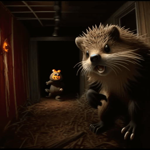 AI generated: a beaver and a porcupine  scaredand terrified lost in the hunted house in the woods on halloween nig...