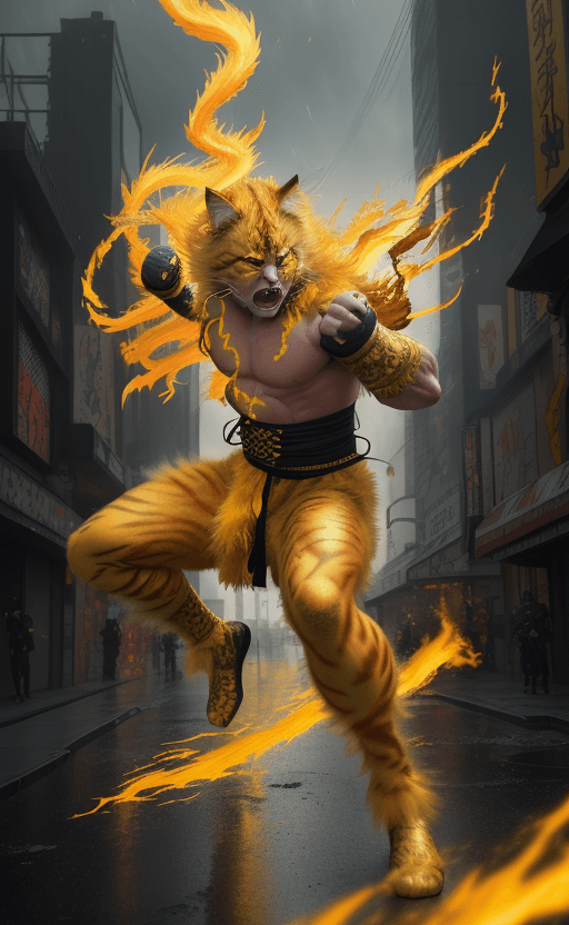 AI generated: painterly style, photorealistic, more colorful, rage golden yellow fluffy cat ninja warrior , fighti...