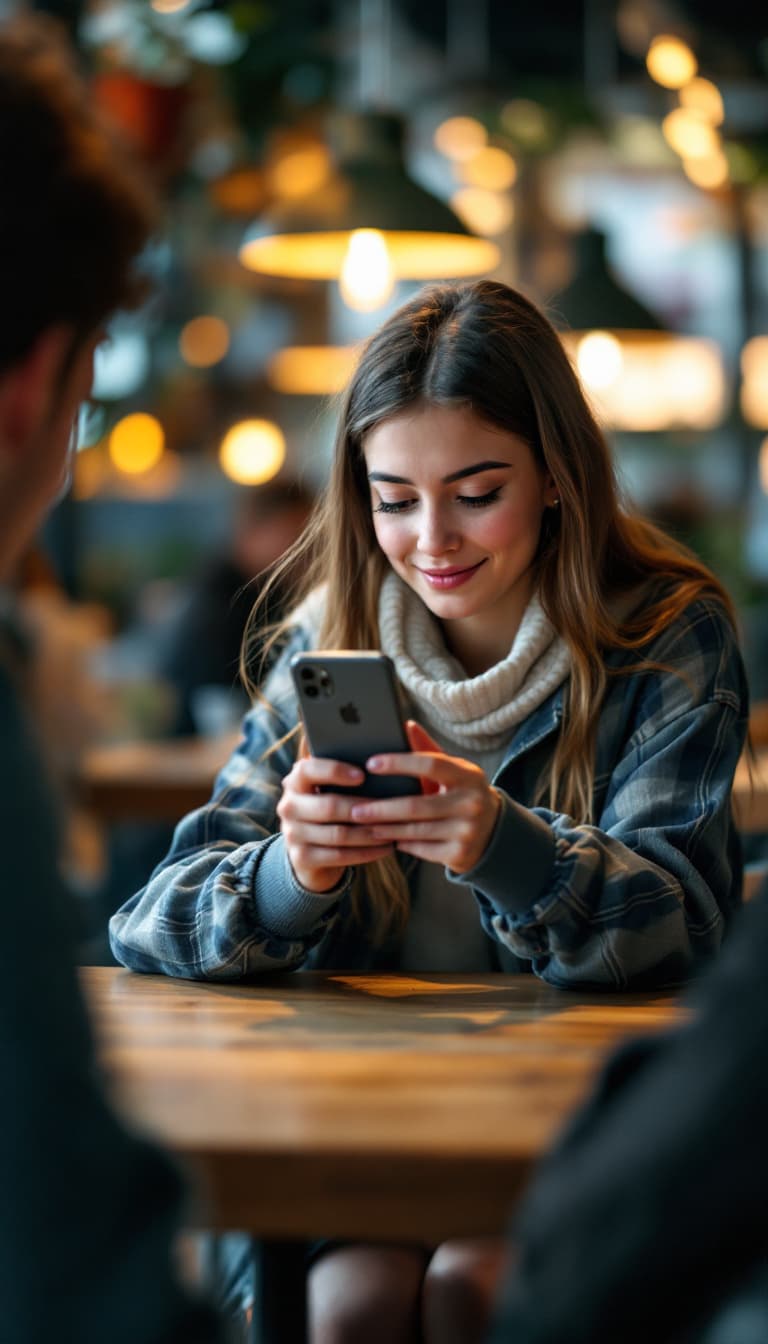 AI generated: a girls sitting kind of hunched over, elbows on table and looking at her iPhone screen, she is holdi...