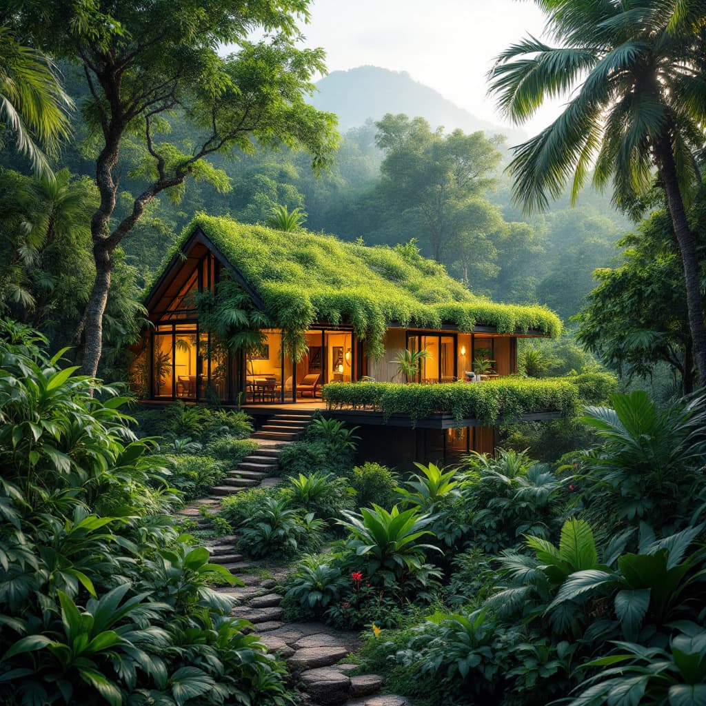 AI generated: imagine a visual masterpiece of an eco-friendly home nestled in a lush tropical rainforest. Highligh...