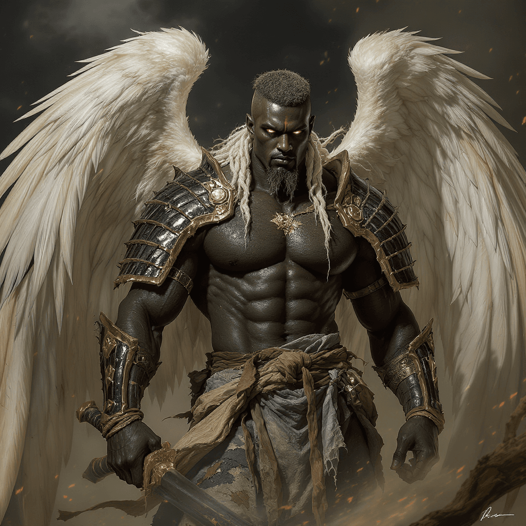 AI generated: Dark-skinned male warrior, 80yr old,Angel with huge white wings  with a short, stylized haircut, in ...