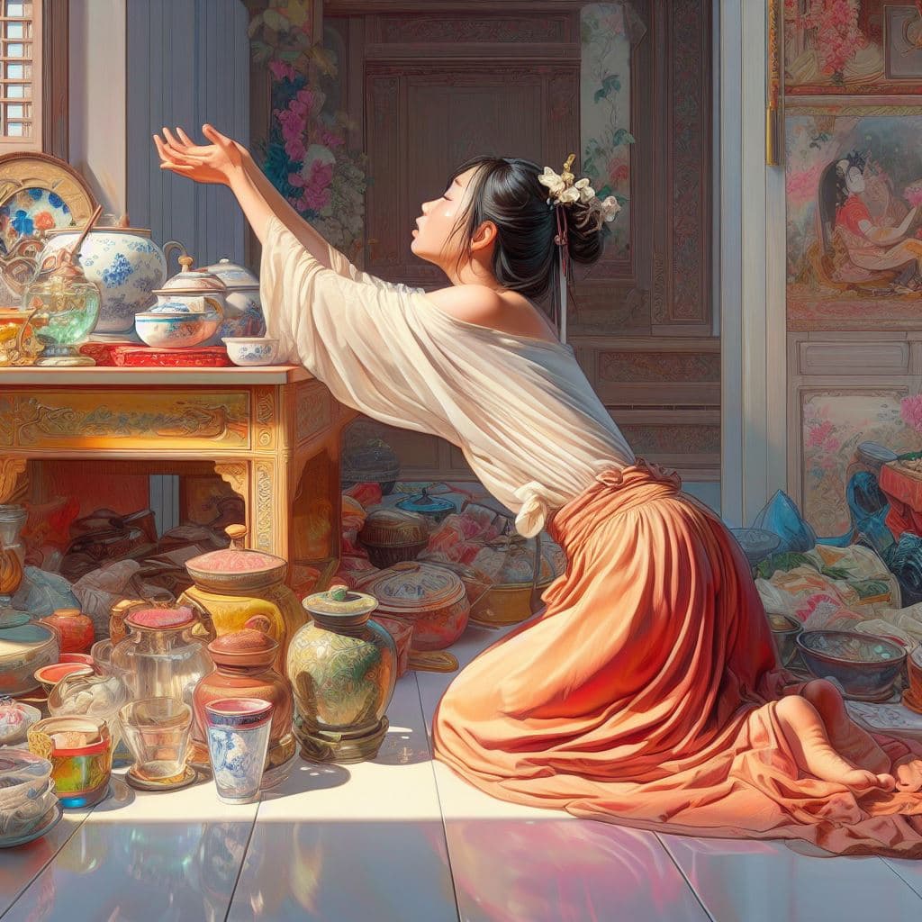 AI generated: 
A woman begs for good items in rooms with glossier Acrylic art, trending at Artstation, intricate,...