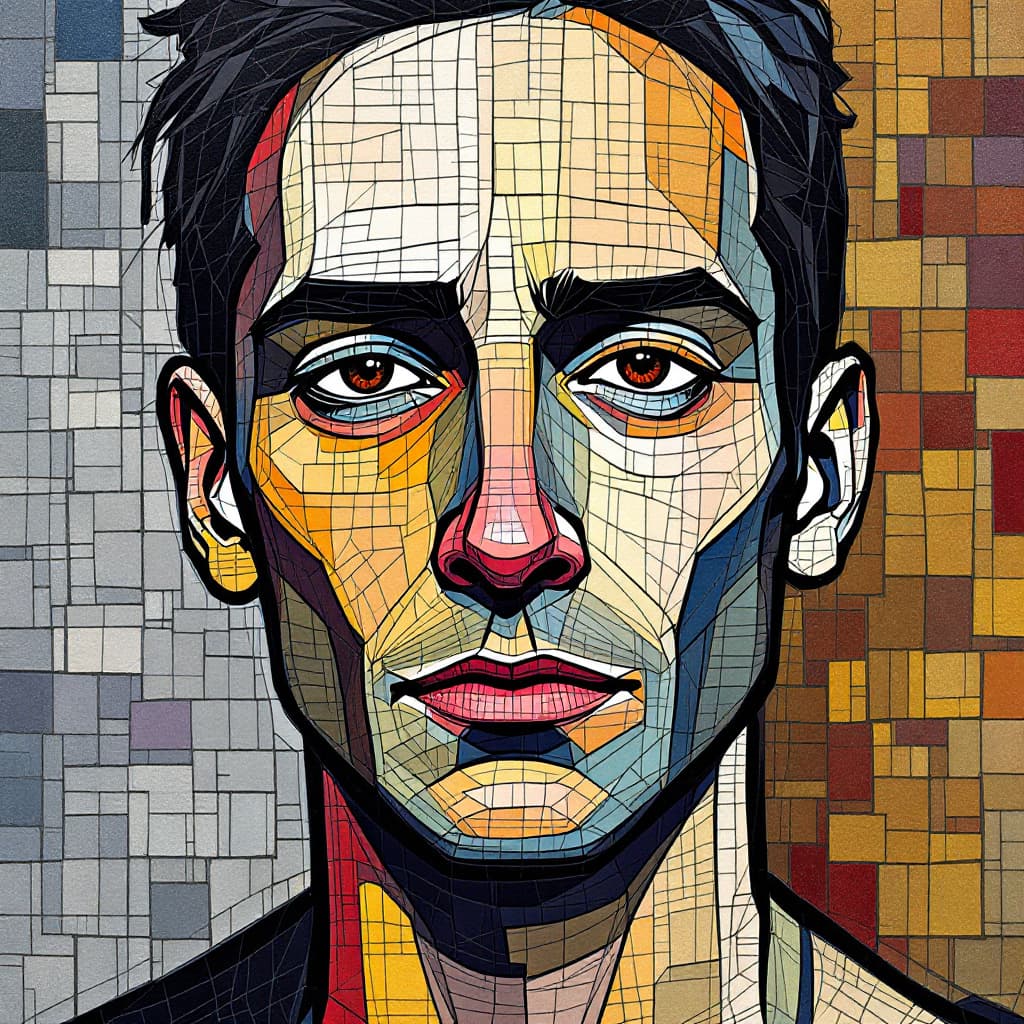 AI generated: illustration, art, man, face, gaze, mosaic, mondrian, consisting random colors, black outline, patte...