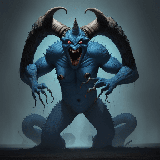 AI generated:  high quality foto of a big blue monster, 10 legs, 3 arms, slimy, 3 heads with grimaces and big teet...