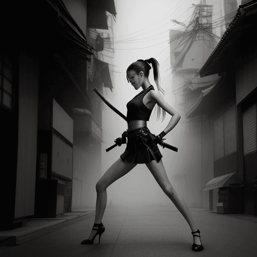 AI generated: 
A slender athletic girl with long legs, very high-heeled shoes, in her hand a long samurai katana s...