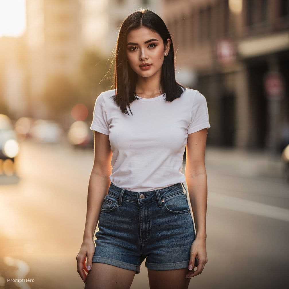 AI generated: Woman standing holding her boobs wearing jeans short with white skin and black hair 