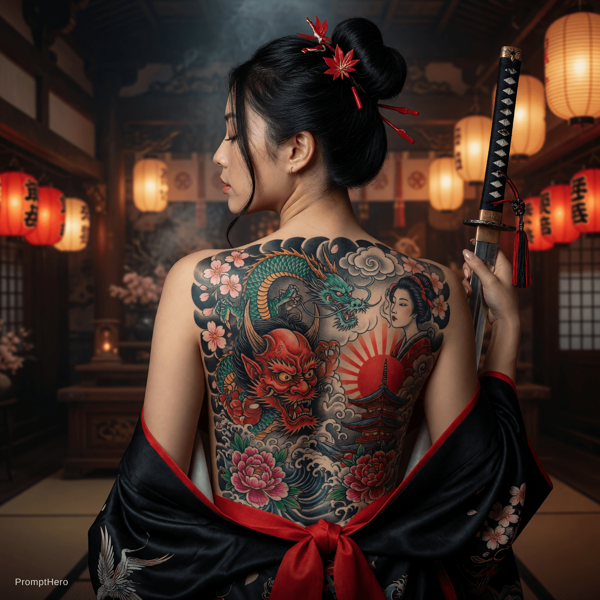 AI generated: Ultra-realistic photograph of a beautiful East Asian woman in her mid-20s, viewed from behind at a t...