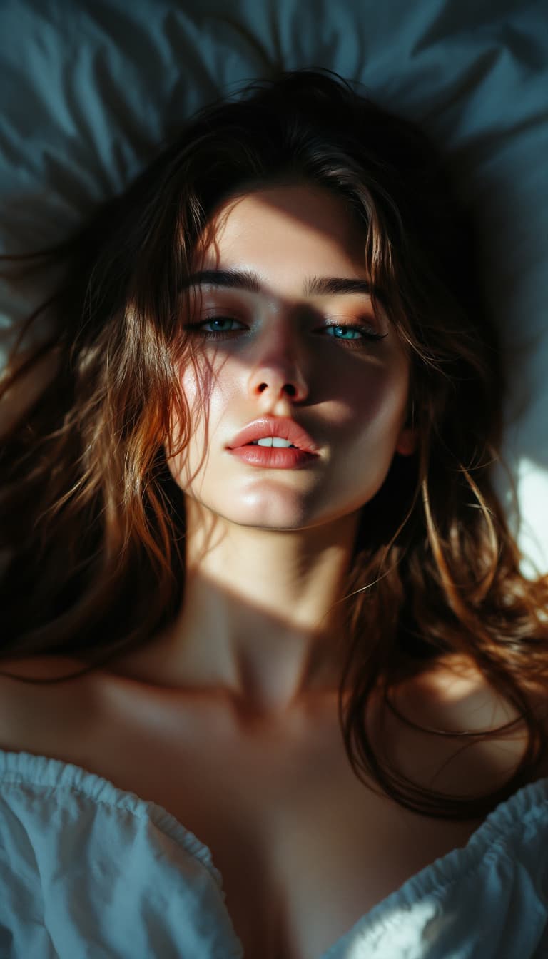 AI generated: a woman with long hair laying in bed, in the style of yigal ozeri, anamorphic lens flare, bella kota...