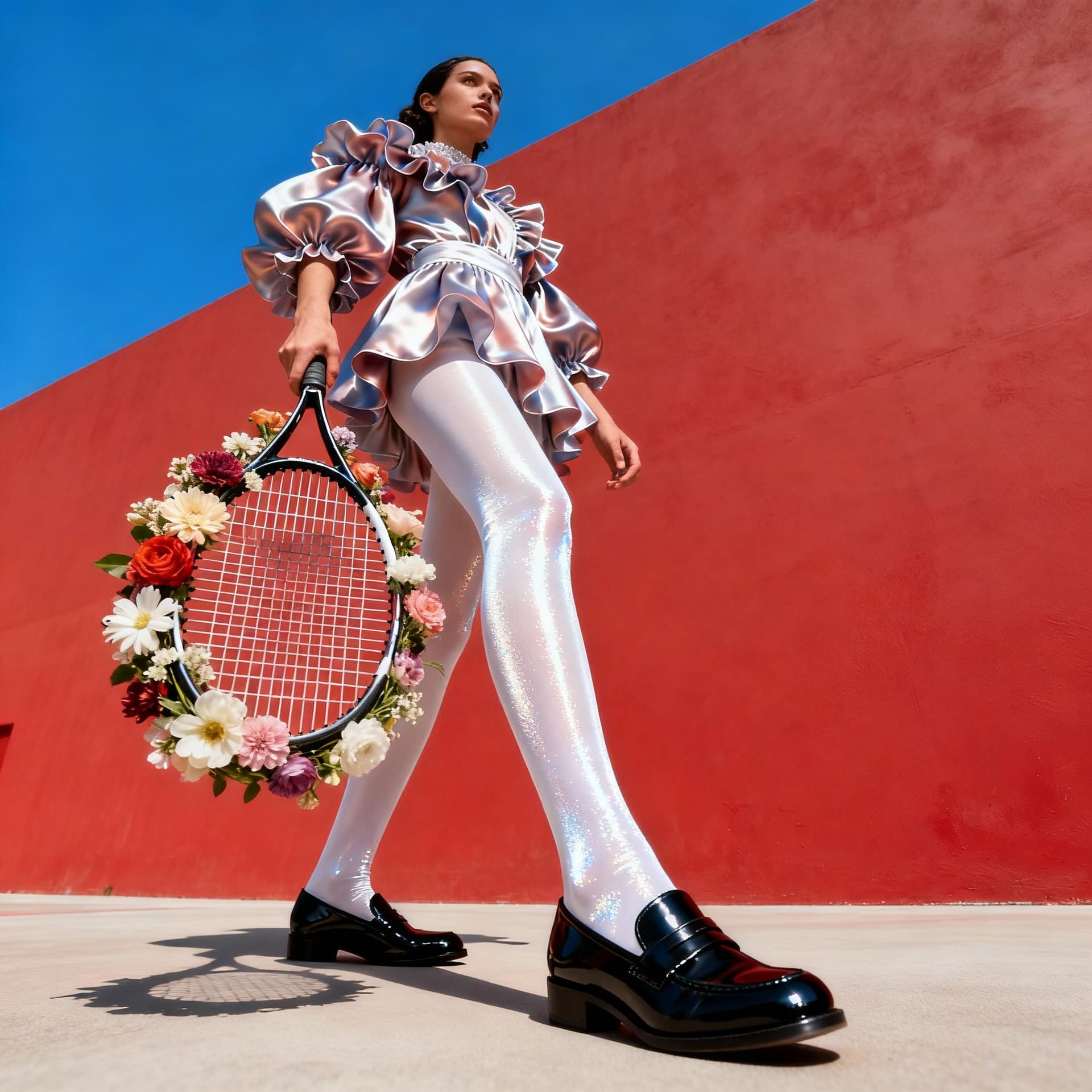 AI generated: low angle, surreal fashion editorial, model holding tennis racket wrapped in flowers, satin ruffles,...