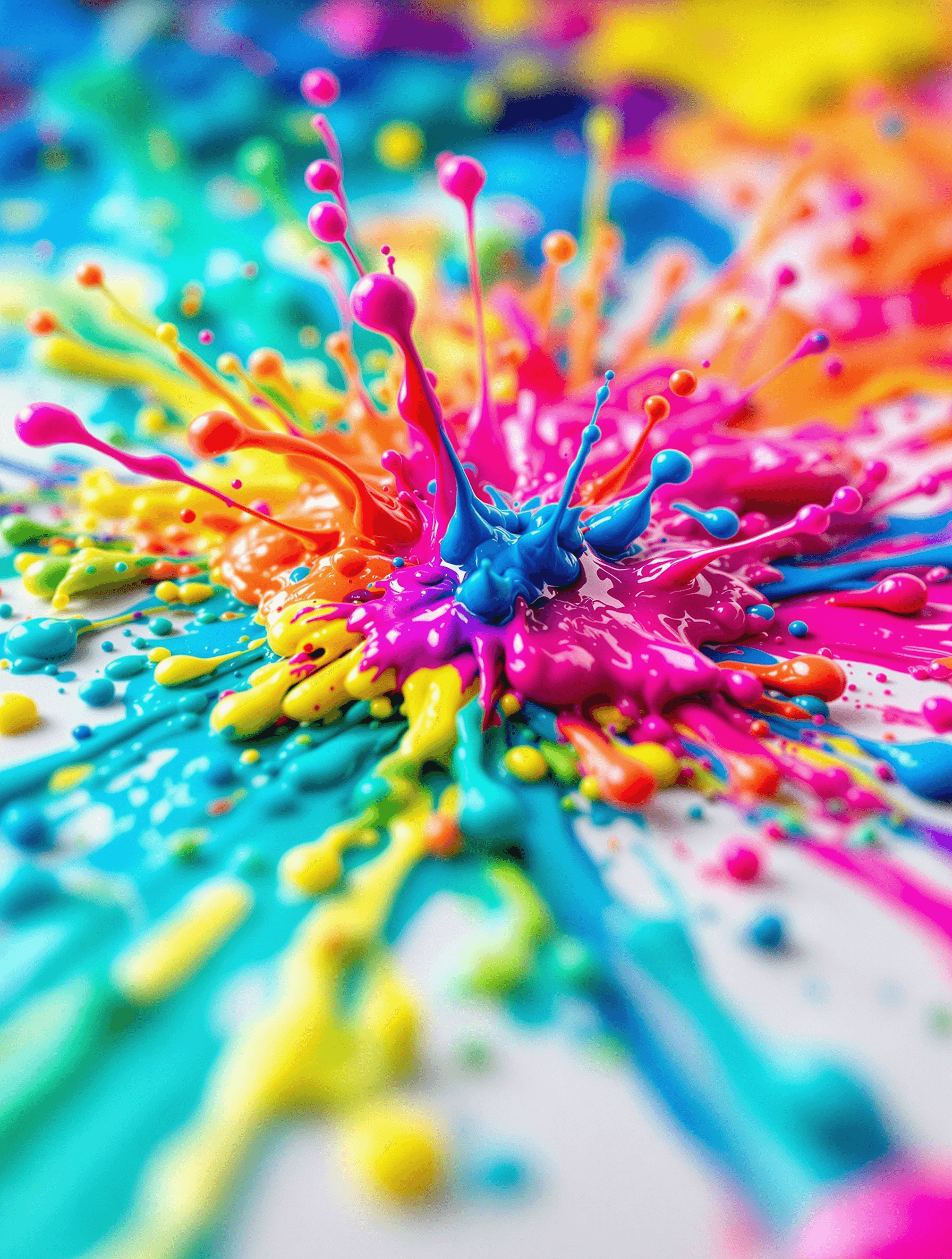 AI generated: A high-detail macro photograph of vibrant, colorful paint splatter on a smooth surface. The image ca...