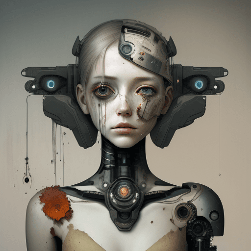 AI generated: Mixed media artwork + Emotional cyborg girl + Elegant dress + Skin lesions as a storytelling element...