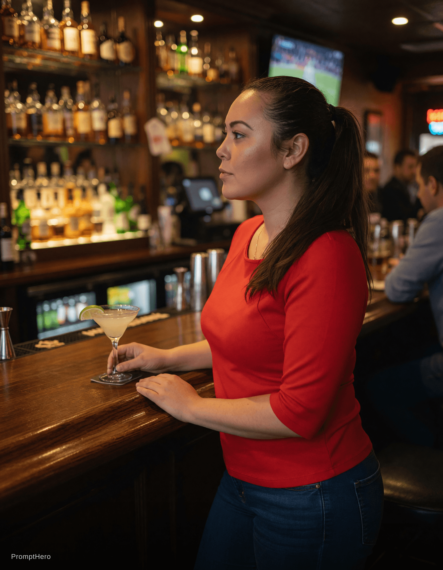 AI generated: side view stood at a bar
