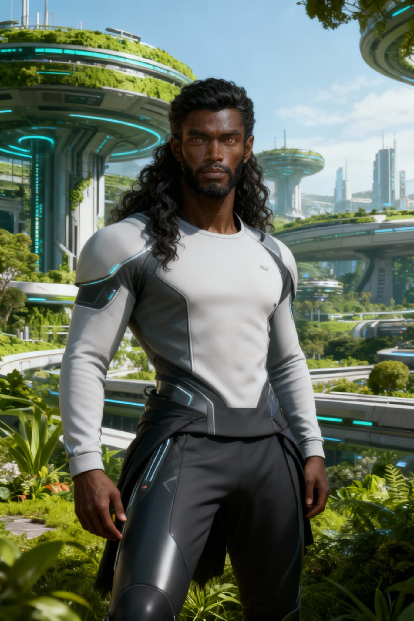 AI generated: Change background, create futuristic clothing, and pose to emphasize sleek comfort within a futurist...