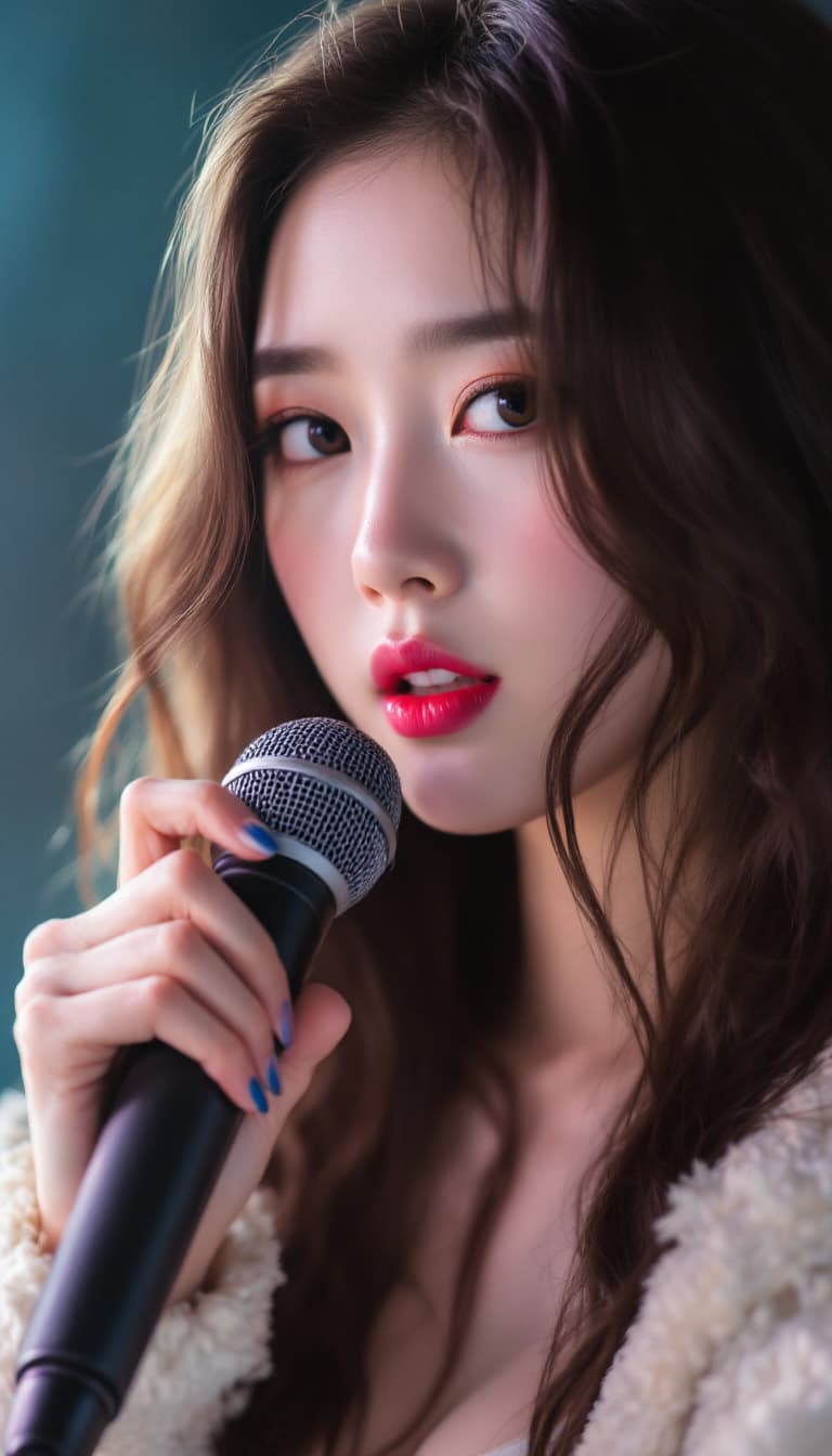 AI generated: a close up of a woman with long hair holding a microphone, portrait jisoo blackpink, jisoo of blackp...
