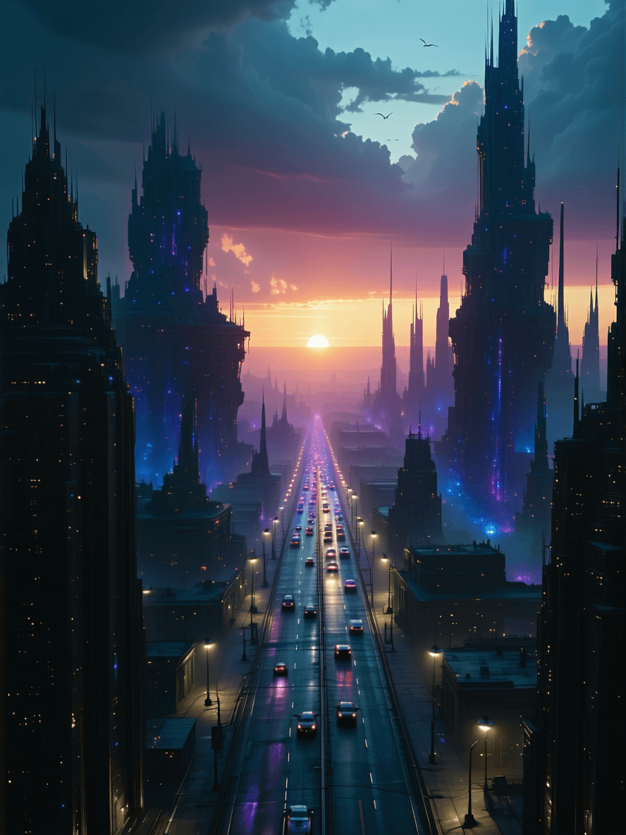 AI generated: A random futuristic scene, epic cinematic, minimalist megacity,  8k, dystopian, eerie sunset 