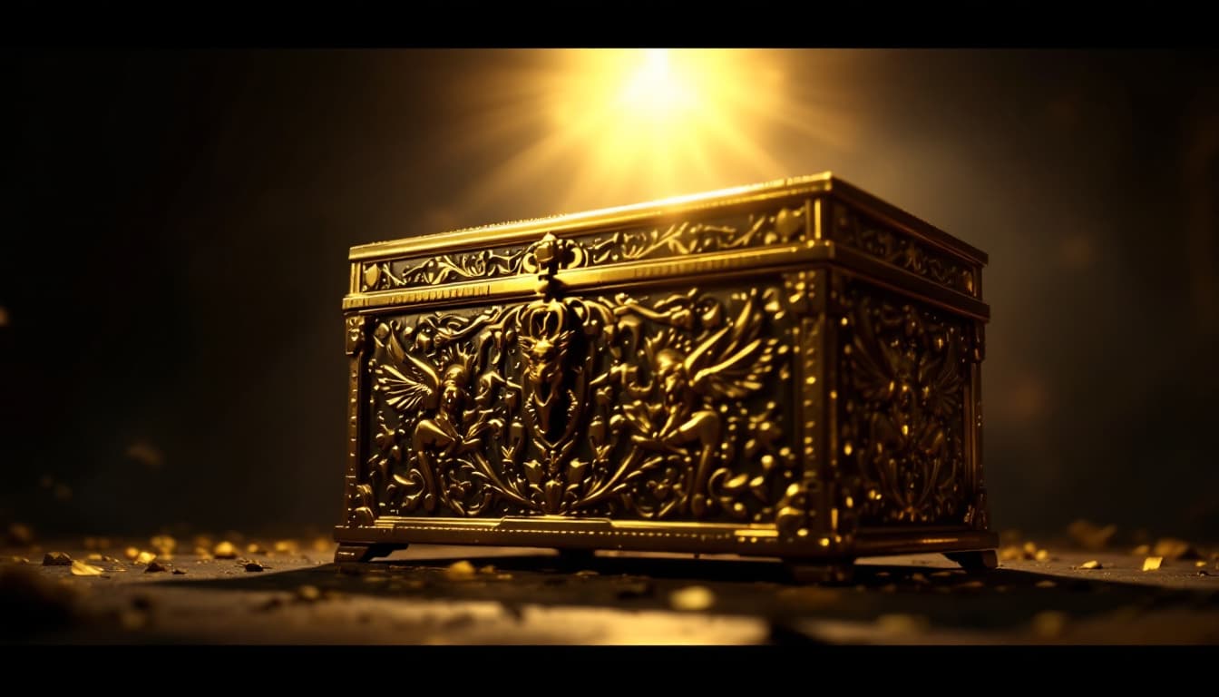 AI generated: Golden ark of the covenant, ornate chest, divine light beam, biblical relic, dark background, dramat...
